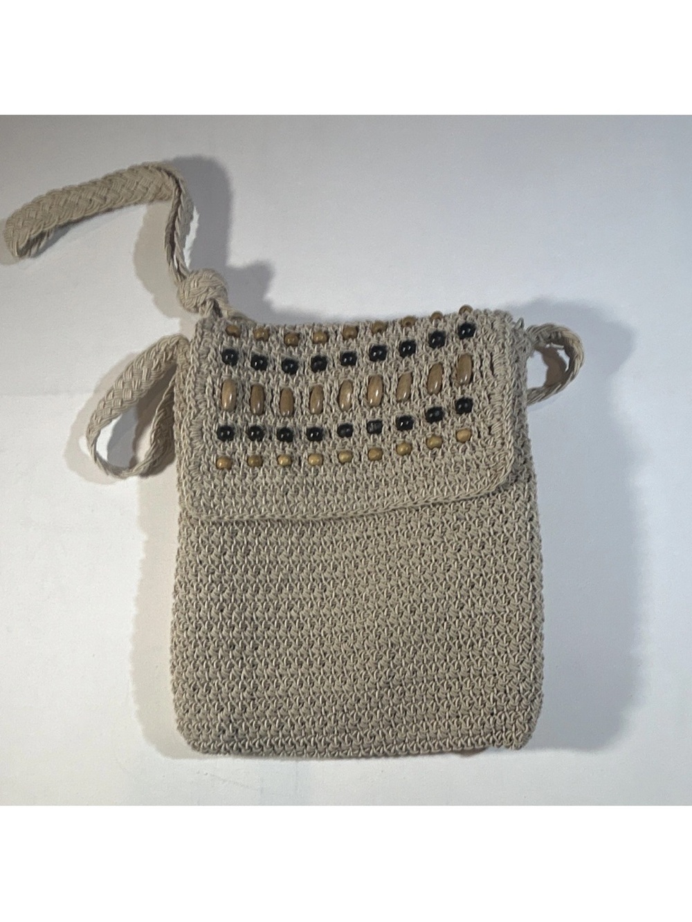 Carlo D’Santi H035 Crochet Beaded Crossbody Bag Beige Boho Organizer Purse